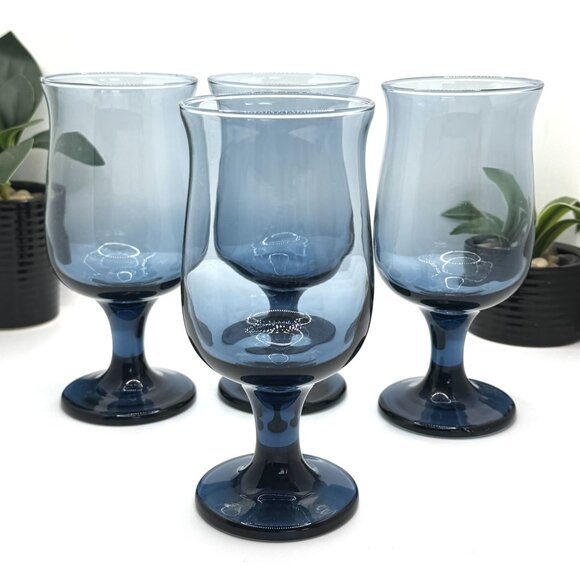 Vintage Set of 4 Libbey Dusky Blue Water Glasses Stemware Goblets Tulip Shaped - Picture 2 of 12